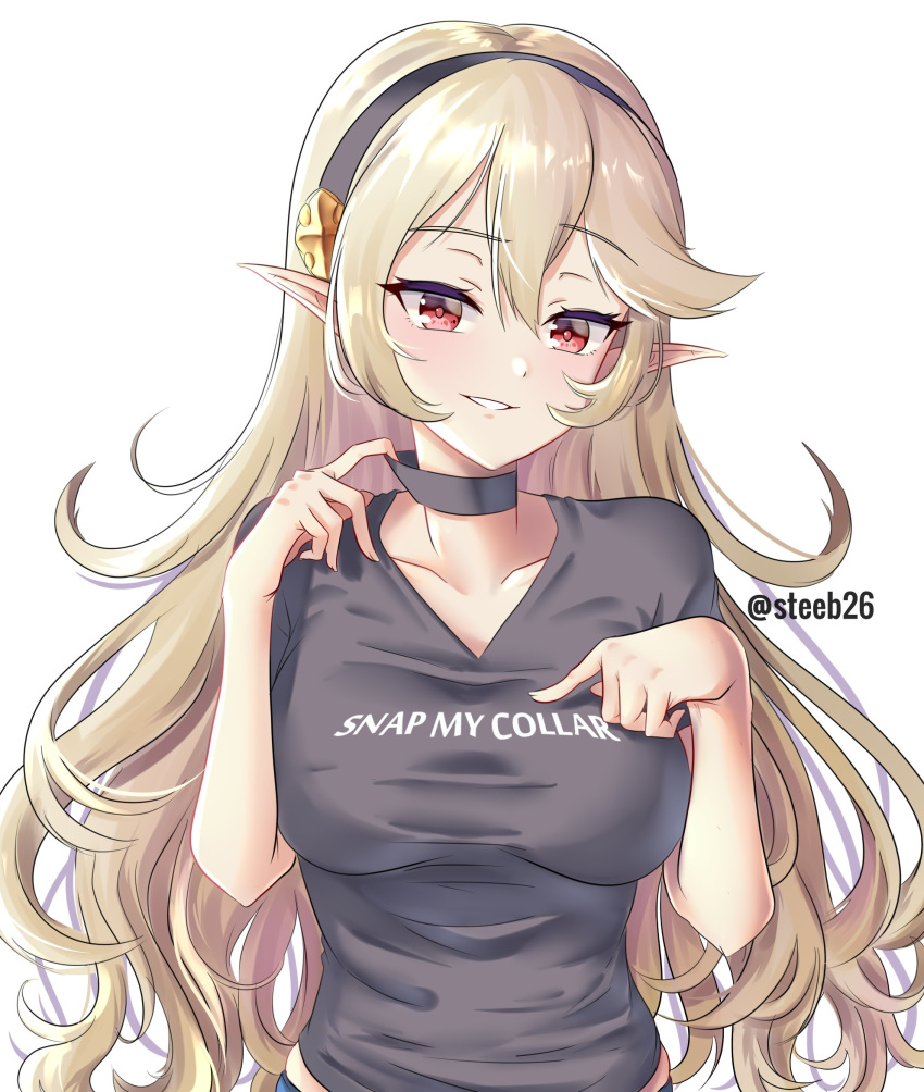 alternate_costume black_hairband black_shirt choker clothes_writing commentary corrin_(female)_(fire_emblem) corrin_(fire_emblem) english_commentary english_text female fire_emblem fire_emblem_fates hairband highres parted_lips pointy_ears red_eyes shirt short_sleeves simple_background snap_my_choker_(phrase) solo steeb twitter_username white_background