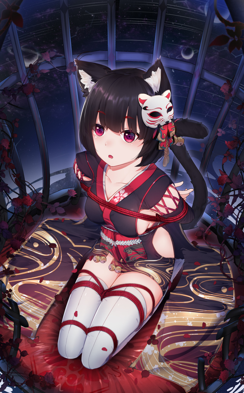 7t absurdres animal_ear_fluff animal_ears arms_behind_back azur_lane black_hair bondage bondage bondage bound bound_arms bound_legs breasts cage cat_ears cat_girl cat_tail chinese_commentary collarbone commentary_request cushion dutch_angle female from_above full_body highres in_cage japanese_clothes kimono kneeling large_breasts looking_at_viewer looking_up mask mask_on_head obi obijime open_mouth petals plant red_eyes red_rope rope sash seiza short_hair short_kimono sideboob sideless_kimono sitting sleeveless sleeveless_kimono solo tail thick_eyebrows thighhighs thorns vines white_thighhighs yamashiro_(azur_lane)