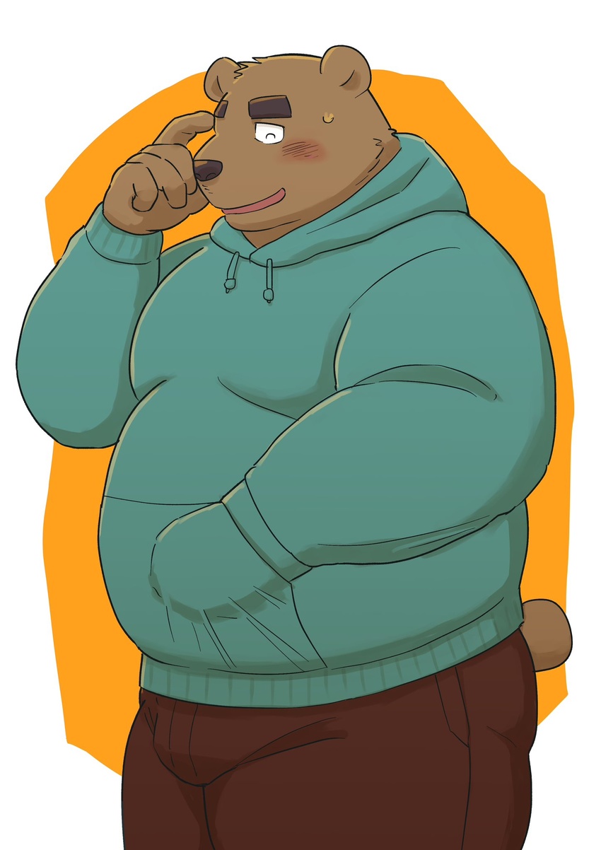 2022 anthro bear belly big_belly blush bottomwear brown_body closed_eyes clothing hi_res hoodie humanoid_hands kemono kick_(artist) male mammal overweight overweight_male pants solo topwear