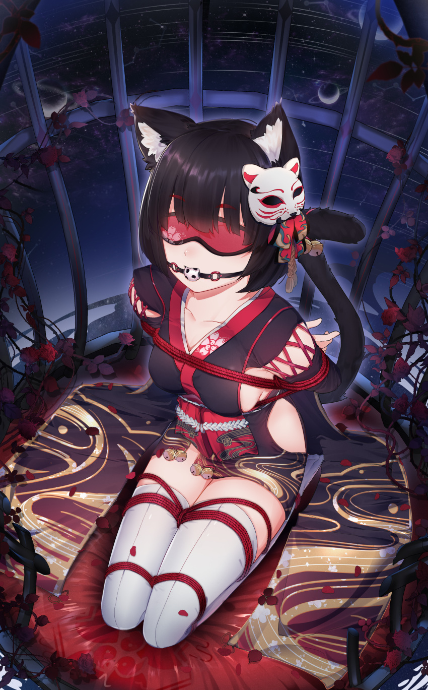 7t absurdres animal_ear_fluff animal_ears arms_behind_back azur_lane ball_gag black_hair blindfold bondage bondage bondage bound bound_arms breasts cage cat_ears cat_girl cat_tail chinese_commentary collarbone commentary_request cushion dutch_angle female from_above full_body gag gagged highres in_cage japanese_clothes kimono kneeling large_breasts mask mask_on_head obi obijime petals plant red_rope rope sash seiza short_hair short_kimono sideboob sideless_kimono sitting sleeveless sleeveless_kimono solo tail thick_eyebrows thighhighs thorns vines white_thighhighs wiffle_gag yamashiro_(azur_lane)