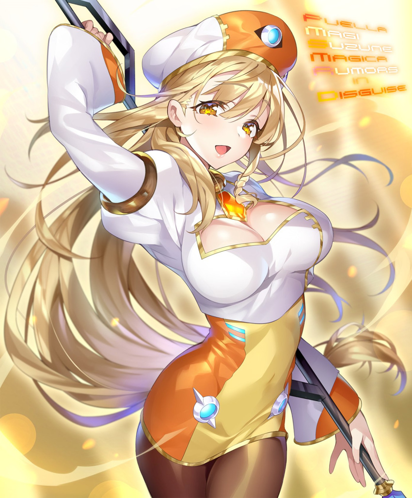 blonde_hair blunt_bangs braid breasts brown_pantyhose cleavage commentary_request eyebrows female gem gold_trim hat highres jewelry juliet_sleeves kanade_haruka large_breasts long_hair long_sleeves looking_at_viewer mahou_shoujo_madoka_magica mahou_shoujo_suzune_magica orange_skirt pantyhose puffy_sleeves senri_gan simple_background single_braid skirt smile solo very_long_hair white_background wide_sleeves yellow_eyes