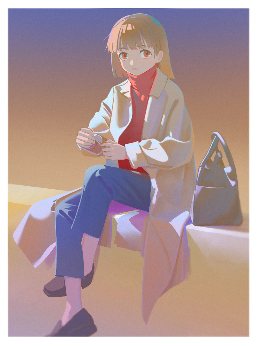 bad_id bad_pixiv_id black_footwear blue_pants brown_hair coat expressionless female full_body highres kenharu long_sleeves looking_at_viewer medium_hair original pants red_eyes red_shirt shirt shoes sitting solo turtleneck white_coat