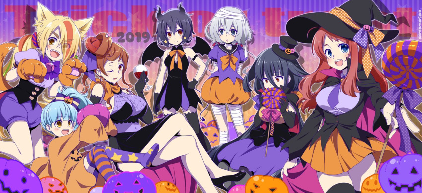 2019 6+girls ahoge alcohol animal_hands aona_masao bandages black_hair blonde_hair blue_hair bow breasts brown_hair candy cape commentary_request covered_navel crossed_legs cup demon_horns demon_wings drinking_glass eating elbow_gloves food gloves grey_hair halloween halloween_costume hat heart heart_hair horns hoshikawa_lily jack-o'-lantern konno_junko light_blue_hair light_green_hair lollipop long_hair minamoto_sakura mizuno_ai multicolored_hair multiple_girls nikaidou_saki one_eye_closed orange_hair paw_gloves pumpkin red_hair streaked_hair tail top_hat trick_or_treat wine wine_glass wings witch_hat yamada_tae yuugiri_(zombie_land_saga) zombie_land_saga