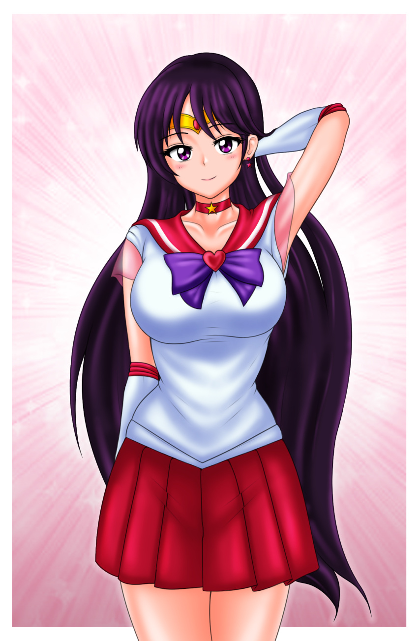 1girls alluring big_breasts bishoujo_senshi_sailor_moon black_hair breasts cleavage clothing medium_breasts pin_up purple_eyes rei_hino sailor_mars shirt short_skirt skirt tiara treezero uniform wholesome