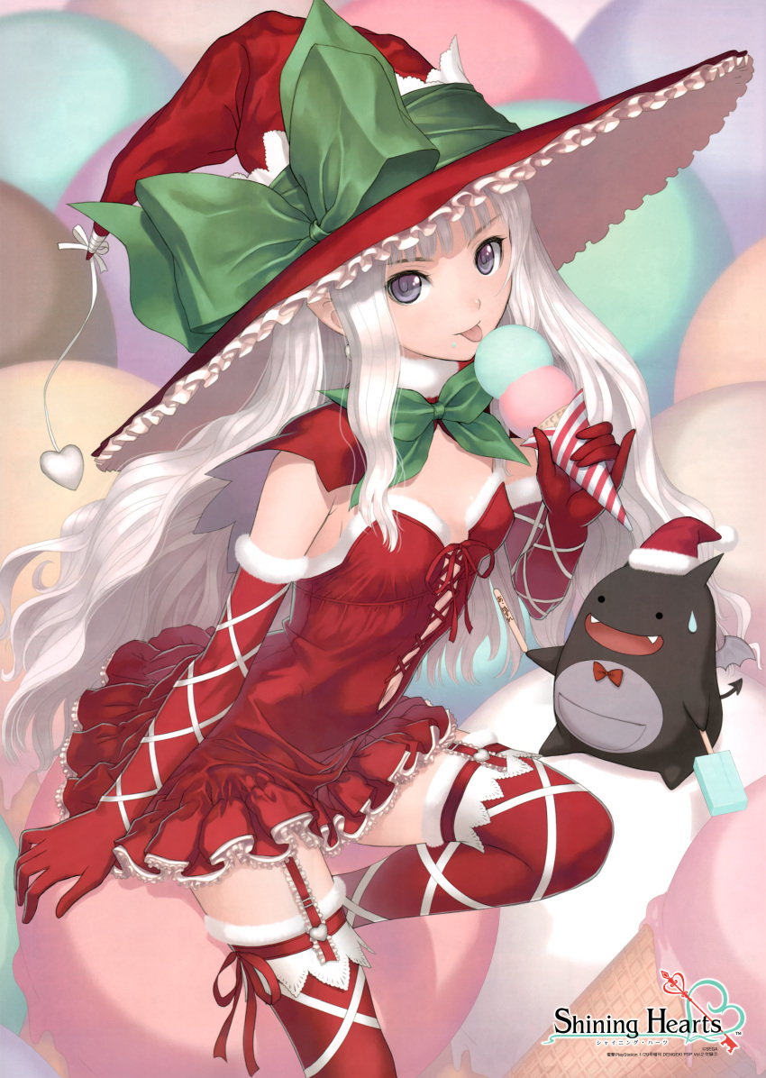 :p absurdres bare_shoulders blue_eyes christmas elbow_gloves female food gloves hat heart highres ice_cream ice_cream_cone long_hair melty_(shining_hearts) red_gloves shining_(series) shining_hearts shining_world sorbe_(shining_hearts) sweatdrop thighhighs tongue tongue_out tony_taka witch_hat