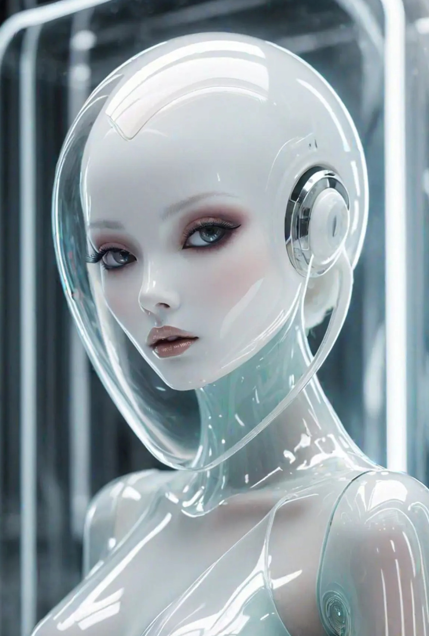 ai_generated android blush breasts brixtos cable female forehead lips looking_at_viewer parted_lips robot science_fiction solo upper_body