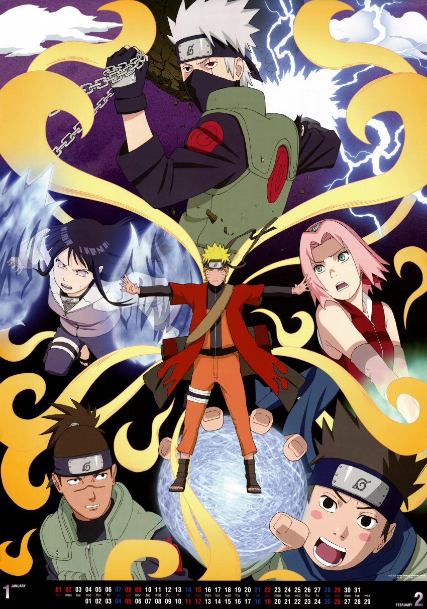 2girls 4boys absurdres blonde_hair byakugan everyone fighting hatake_kakashi headband highres hyuuga_hinata konohagakure_symbol multiple_boys multiple_girls naruto_(series) naruto_shippuuden official_art pink_hair rasengan sakura_haruno sarutobi_konohamaru sharingan umino_iruka uzumaki_naruto