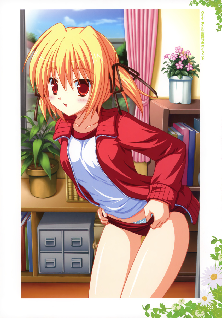 absurdres blonde_hair blush buruma clover_point curtains female frilled_panties frills gym_uniform highres indoors jacket long_sleeves looking_at_viewer open_clothes open_jacket panties plant potted_plant red_hair shelf short_twintails takanashi_yaya tareme track_jacket twintails underwear undressing window yuyi