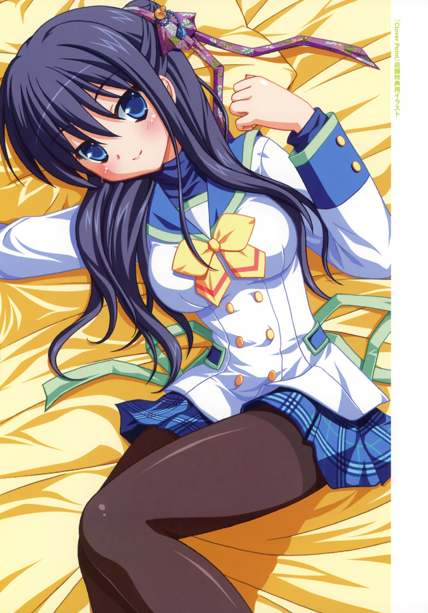 absurdres bed black_hair black_pantyhose blue_eyes blue_skirt clover_point female hair_ornament hairpin highres kashiwagi_tsukine long_hair lying pantyhose plaid plaid_skirt school_uniform skirt smile solo yellow_background yuyi