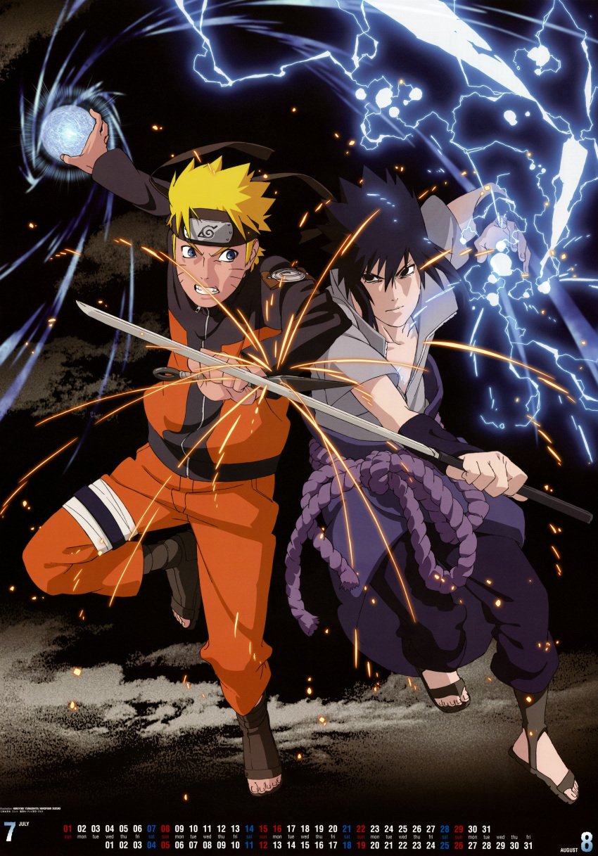 2boys absurdres black_eyes black_hair blonde_hair blue_eyes chokutou detached_sleeves fighting forehead_protector highres jacket japanese_clothes konohagakure_symbol kunai multiple_boys naruto_(series) naruto_shippuuden official_art orange_jacket orange_pants pants rasengan shirt sword toeless_footwear toeless_legwear uchiha_sasuke uzumaki_naruto weapon