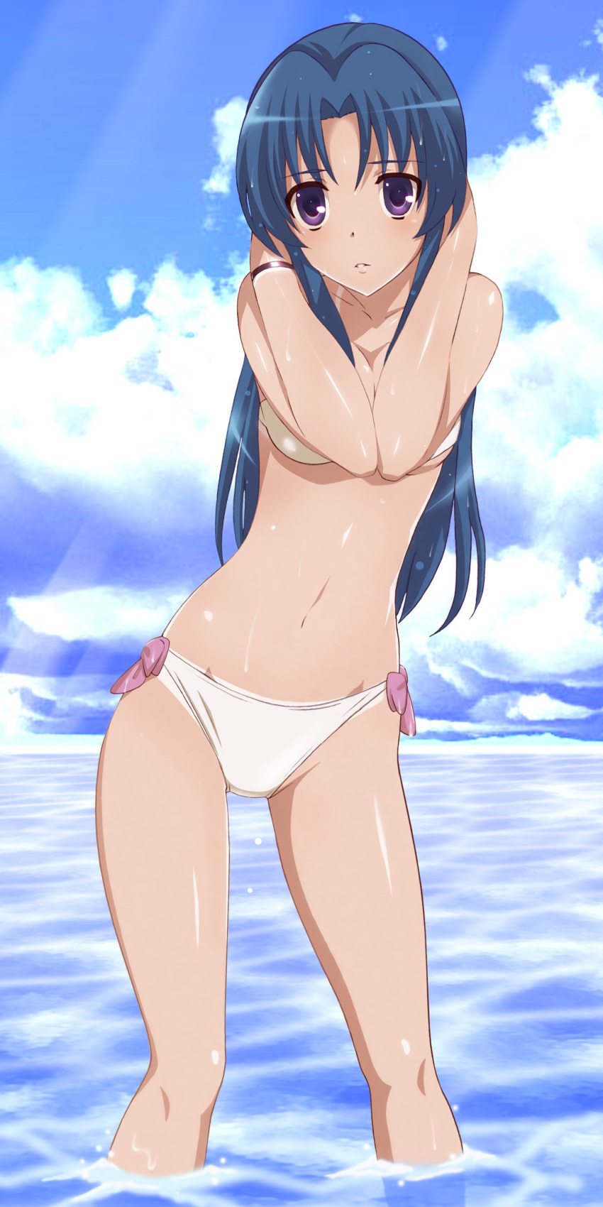 absurdres bikini blue_hair breasts collarbone day female highres jet_yowatari kawashima_ami long_hair looking_at_viewer medium_breasts navel ocean outdoors photoshop_(medium) purple_eyes solo swimsuit tan tanlines toradora! white_bikini