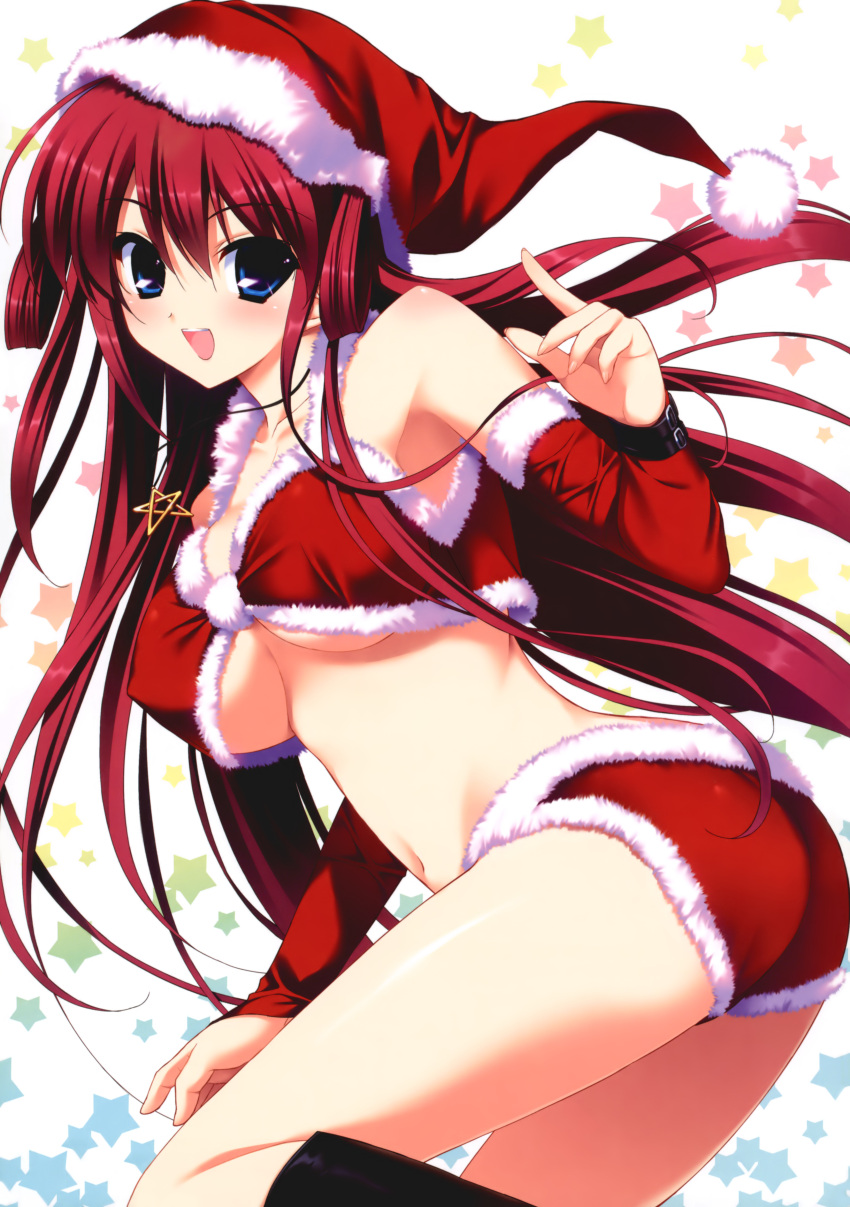 absurdres bare_shoulders blue_eyes blush boots breasts christmas crop_top detached_sleeves female fumio_(ura_fmo) fur_trim grisaia_(series) grisaia_no_kajitsu hat highres jewelry knee_boots large_breasts long_hair long_legs looking_at_viewer looking_back midriff navel open_mouth pendant red_hair red_shorts red_theme santa_costume santa_hat shiny_skin short_shorts shorts simple_background smile solo suou_amane underboob