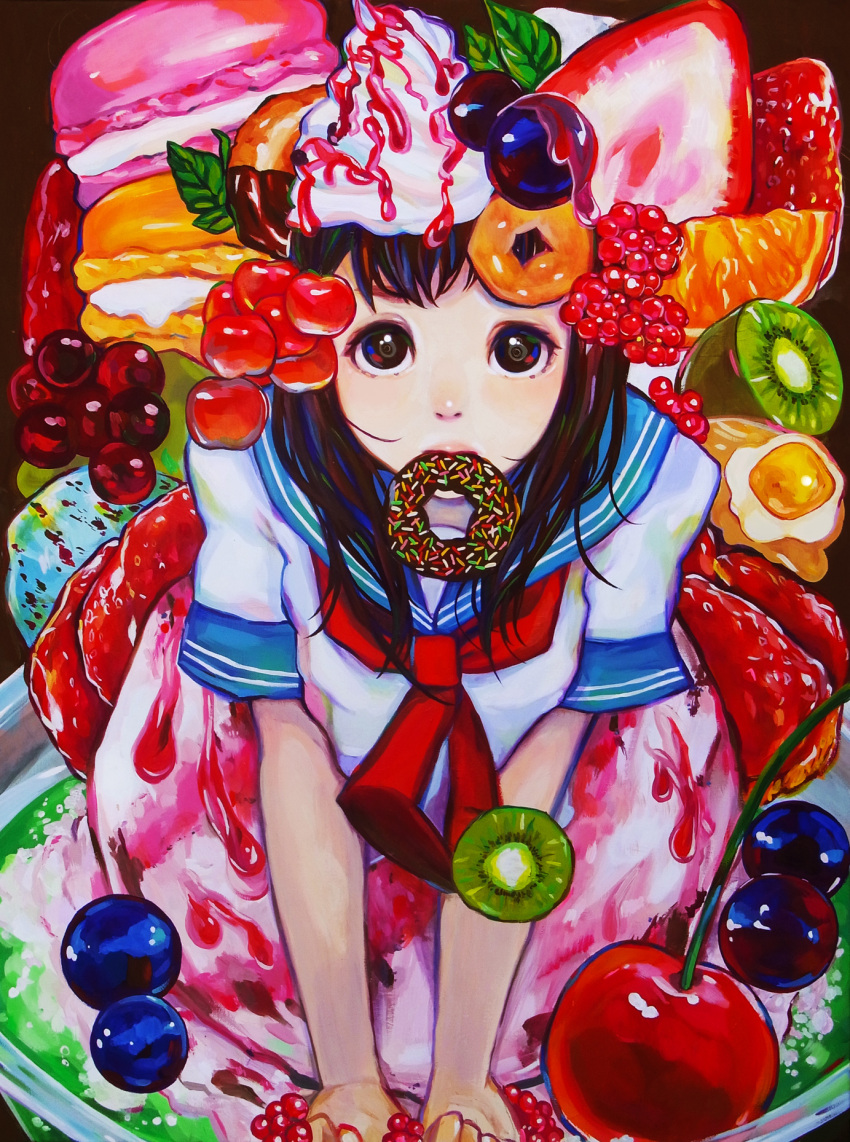 acrylic_paint_(medium) bad_id bad_pixiv_id blueberry brown_eyes brown_hair cherry chocolate_doughnut doughnut female food fruit highres ice_cream in_food kiwi_(fruit) long_hair looking_at_viewer macaron mouth_hold orange_(fruit) original oversized_object painting_(medium) parfait school_uniform serafuku solo sprinkles strawberry_syrup tatsumi_(serao) traditional_media whipped_cream