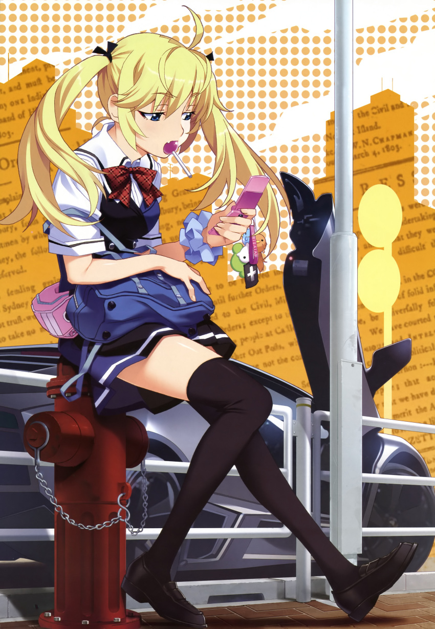 absurdres ahoge bag black_thighhighs blonde_hair blue_eyes bow candy car cellphone cellphone_charm cellphone_strap chains charm_(object) female fire_hydrant food grisaia_(series) grisaia_no_kajitsu highres lamborghini legs loafers lollipop long_hair long_legs matsushima_michiru motor_vehicle mouth_hold paint.net_(medium) phone scan school_bag school_uniform scissor_doors shoes sitting skirt solo sports_car thighhighs twintails watanabe_akio wrist_cuffs zettai_ryouiki