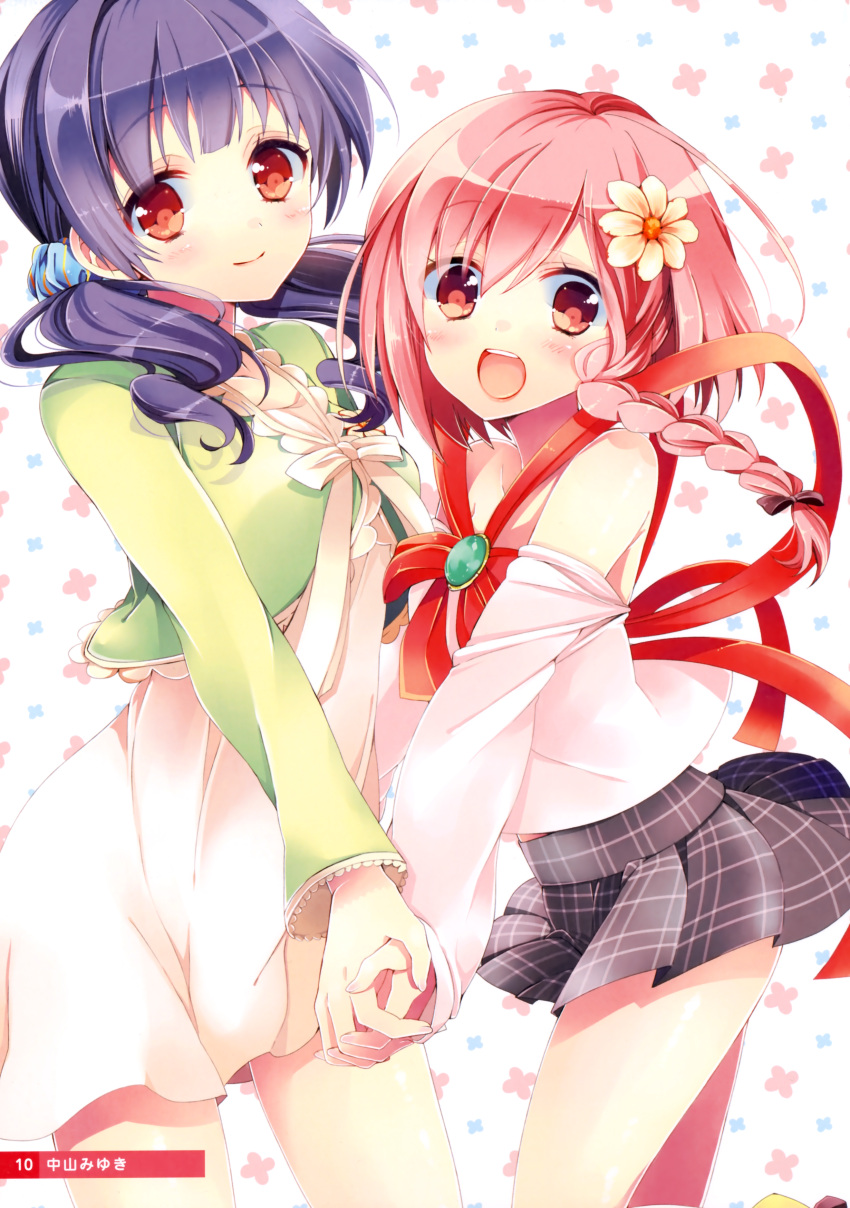 2girls :d absurdres braid dress flower hair_flower hair_ornament highres holding_hands interlocked_fingers misuzu_(your_diary) multiple_girls nakayama_miyuki open_mouth orange_eyes pink_eyes pink_hair purple_hair ribbon school_uniform scrunchie short_hair smile your_diary yua_(your_diary)