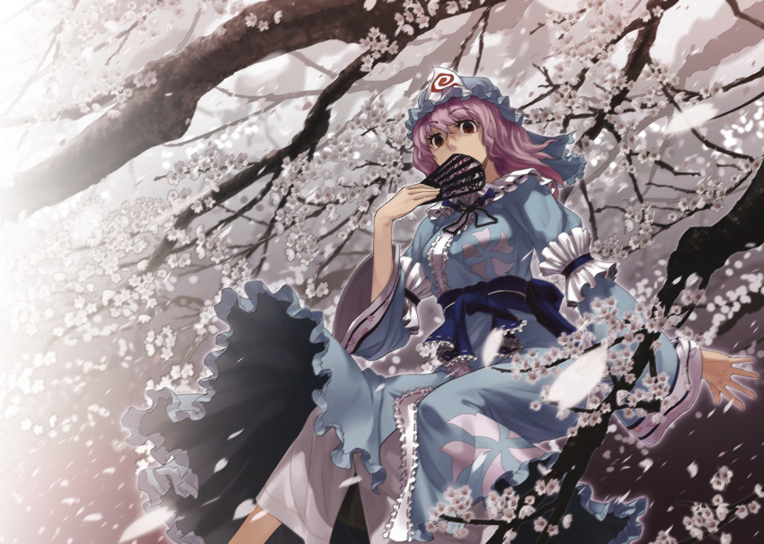 branch cherry_blossoms commentary_request covering_own_mouth dress female flower folding_fan hand_fan hat in_tree japanese_clothes patterned petals pink_eyes pink_hair saigyouji_yuyuko short_hair sitting sitting_in_tree solo sun-3 touhou tree triangular_headpiece