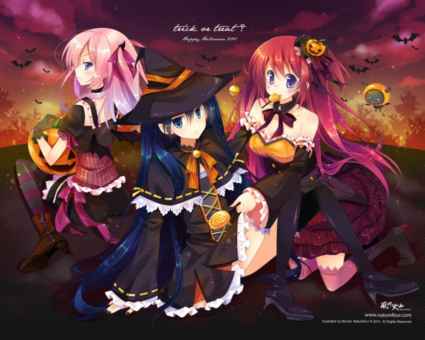 3girls bare_shoulders bat_(animal) black_gloves black_hair black_legwear blue_eyes candy choker collarbone commentary_request detached_collar detached_sleeves food gloves hair_ornament halloween happy_halloween hat jack-o'-lantern kneeling lollipop long_hair looking_at_viewer mocha_(naturefour) mouth_hold multiple_girls original photoshop_(medium) pink_hair pink_legwear purple_eyes red_hair sitting thighhighs trick_or_treat witch_hat zettai_ryouiki