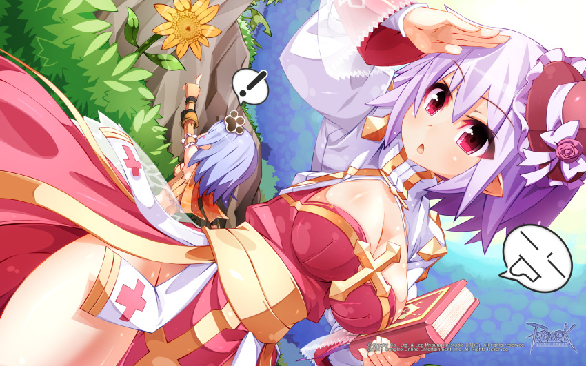 ! :o alternate_color arch_bishop_(ragnarok_online) blue_hair blush book breasts cleavage collarbone dress emoticon female flower hair_ornament hairpin hat highres large_breasts looking_afar mini_hat mini_top_hat no_panties official_art official_wallpaper ooyama_kina parted_lips purple_hair ragnarok_online red_dress red_eyes solo sunflower top_hat