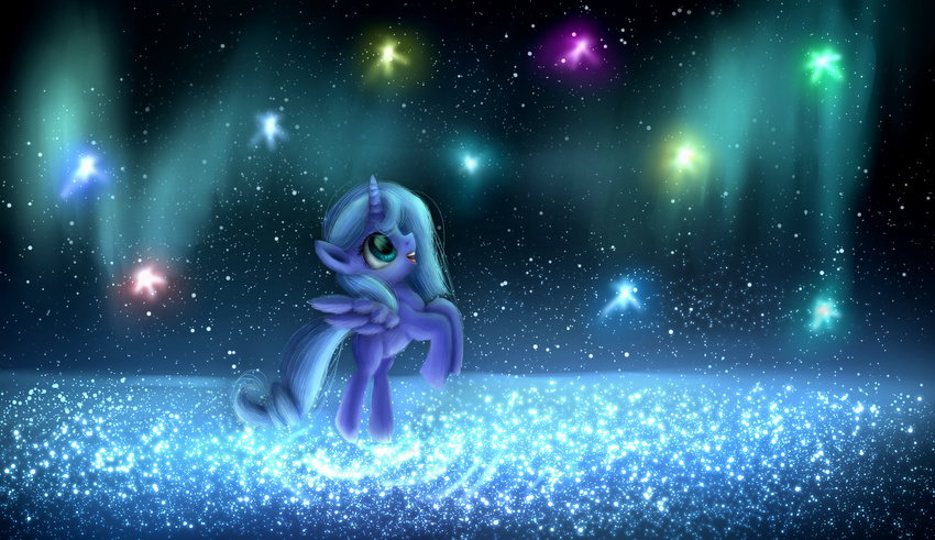 2014 9de-light6 alicorn blue_body blue_feathers blue_fur blue_hair equid equine feathered_wings feathers female feral friendship_is_magic fur glowing green_eyes hair hasbro hi_res horn mammal my_little_pony mythological_creature mythological_equine mythology princess_luna_(mlp) sky smile solo spread_wings star wings young