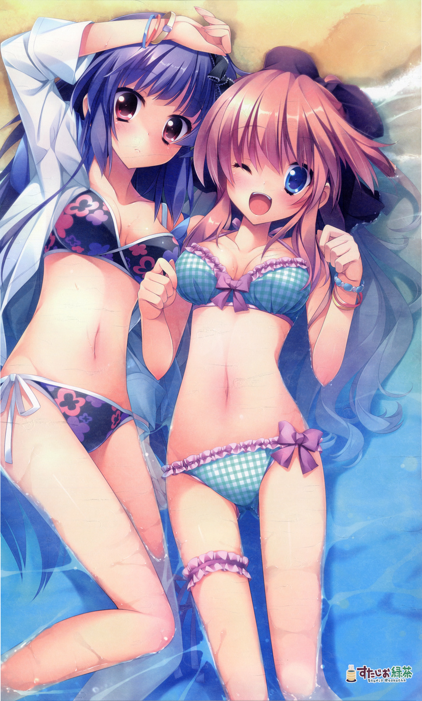 2girls ;d absurdres arm_up beach bikini black_bikini blue_bikini blue_eyes blue_hair bracelet breasts brown_hair cleavage dress_shirt duplicate floral_print frilled_bikini frills gotou_nao highres jewelry leg_garter long_hair lying multiple_girls nishikujou_kanon ocean one_eye_closed open_clothes open_mouth open_shirt pink_eyes reflection sand shinonome_urara shirt shukufuku_no_kane_no_oto_wa_sakura-iro_no_kaze_to_tomo_ni side-tie_bikini smile swimsuit water wink