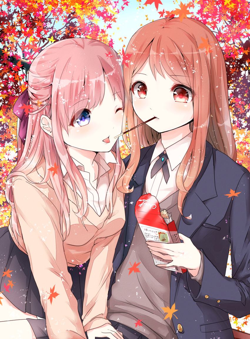 2girls absurdres autumn autumn_leaves brown_hair chii_in_baru_saba commentary_request eating food hair_ribbon highres jacket long_hair mouth_hold multiple_girls one_eye_closed original pink_hair pleated_skirt pocky purple_eyes red_eyes ribbon school_uniform skirt sweater tree v_arms vest yuri