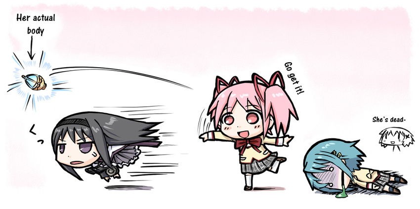 3girls akemi_homura baragon black_eyes black_hair blue_hair footwear hard_translated hidamari_sketch kaname_madoka long_hair mahou_shoujo_madoka_magica miki_sayaka multiple_girls open_mouth pink_eyes pink_hair school_uniform short_hair skirt smile socks tongue translated wide_face wideface yuno