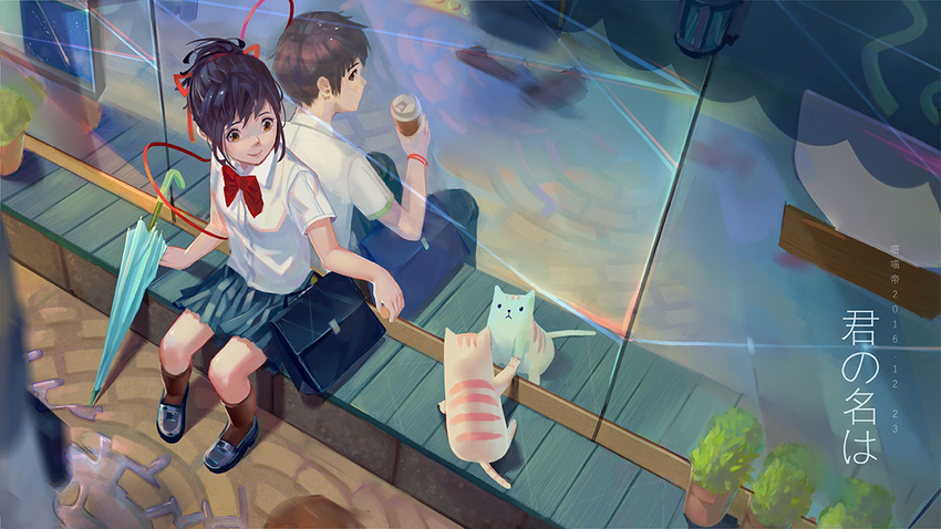 1boy animal artist_name bag black_hair black_socks blurry blurry_background brown_eyes brown_hair commentary copyright_name damiaodi dated different_reflection feline female hair_ribbon kimi_no_na_wa. kneehighs md5_mismatch mirror miyamizu_mitsuha photoshop_(medium) red_ribbon reflection ribbon school_uniform sitting socks tachibana_taki umbrella wrist_ribbon