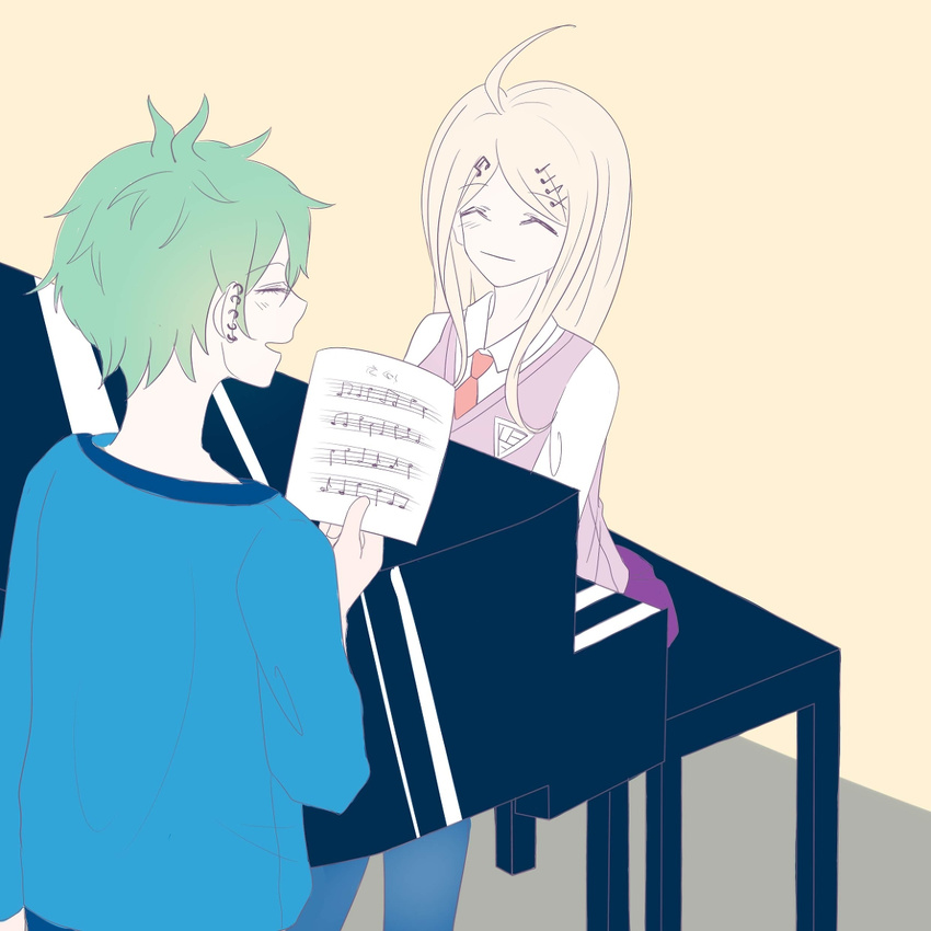 1boy ahoge akamatsu_kaede amami_rantarou blonde_hair blue_shirt closed_eyes danganronpa duo ear_piercing earrings eyebrows female green_hair hair_ornament hairclip long_hair miniskirt music_sheet musical_note musical_note_hair_ornament necktie new_danganronpa_v3 piano piercing school_uniform shirt short_hair sitting skirt smile sweater sweater_vest tie uniform white_shirt