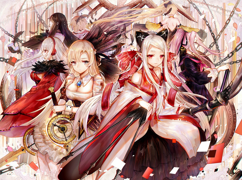 6+girls ann_(forever_7th_capital) arrow_(projectile) asymmetrical_bangs bai_qi-qsr bare_shoulders black_bow black_hair black_serafuku blonde_hair bow breasts character_request chinese_commentary cleavage commentary_request detached_sleeves dress earphones facing_away forever_7th_capital gaer grey_eyes hair_over_eyes hair_ribbon hidden_eyes large_breasts long_hair looking_at_viewer multiple_girls photoshop_(medium) pointy_ears ponytail profile purple_hair red_dress red_eyes red_ribbon ribbon school_uniform serafuku shirt short_eyebrows short_hair sleeveless sleeveless_shirt swept_bangs vera_(forever_7th_capital) white_dress white_hair wide_sleeves