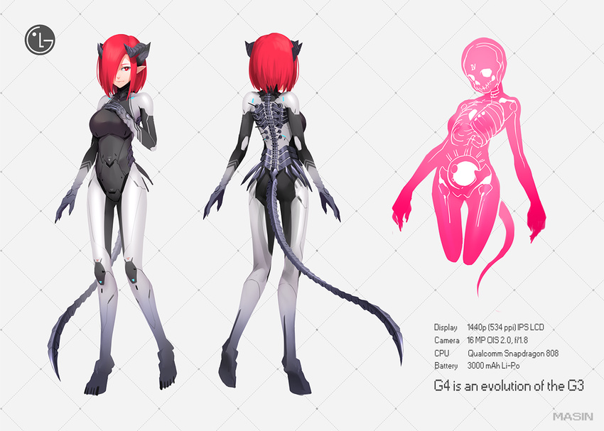 ass bodysuit chinese_commentary commentary_request female hair_over_one_eye hip_bones horns lg_electronics looking_to_the_side masin0201 multiple_views personification pointy_ears red_eyes red_hair reference_sheet short_hair skeleton skin_tight skull spines standing tail turnaround