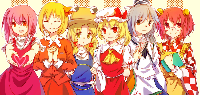 6+girls ^_^ aki_shizuha ascot blonde_hair book bow closed_eyes commentary_request dress flandre_scarlet fox_(770205490) grey_hair hair_ornament hat hat_bow heart heart_hands highres interlocked_fingers jacket leaf_hair_ornament long_hair mob_cap mononobe_no_futo moriya_suwako motoori_kosuzu multiple_girls ofuda photoshop_(medium) puffy_short_sleeves puffy_sleeves red_eyes red_hair sara_(touhou) short_hair short_sleeves short_twintails side_ponytail skirt smile touhou touhou_(pc-98) twintails yellow_eyes