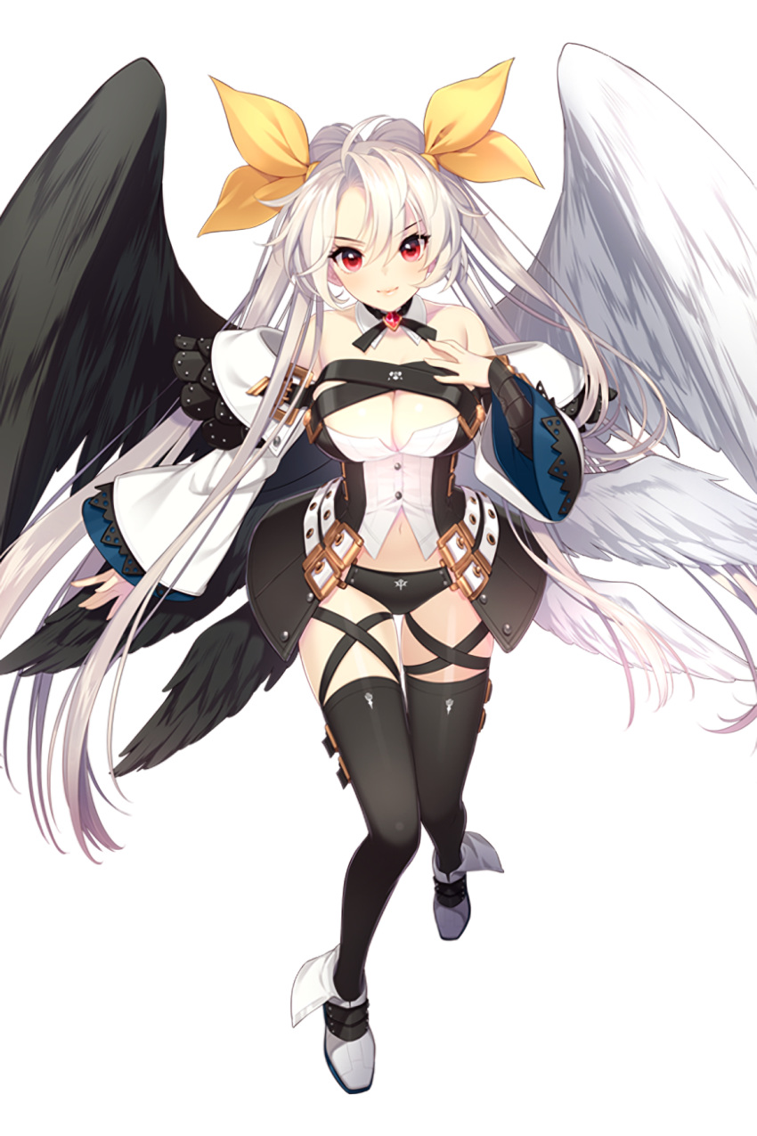 angel_wings arc_system_works asymmetrical_wings bare_shoulders black_panties black_thighhighs black_vs_white black_wings breast_suppress breasts bustier choker cleavage cosplay crossover dizzy_(guilty_gear) dizzy_(guilty_gear)_(cosplay) feathered_wings female guilty_gear guilty_gear_xrd hair_ornament highres large_breasts long_hair looking_at_viewer metatron_(soccer_spirits) mismatched_wings multiple_wings official_art panties red_eyes resized shirahane_nao soccer_spirits solo stomach tail thighhighs trait_connection transparent_background twintails underwear upscaled white_hair white_wings wings