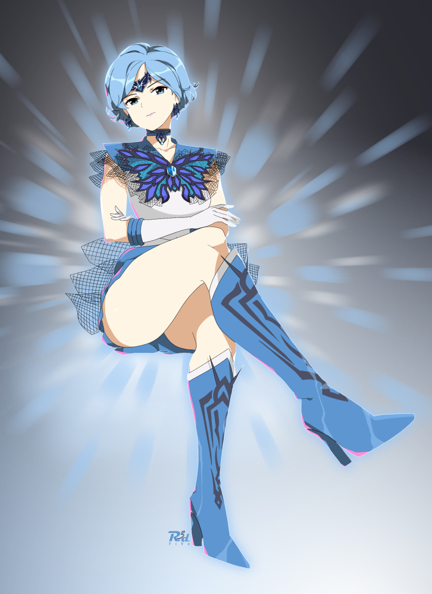 absurdres bishoujo_senshi_sailor_moon blue_choker blue_eyes blue_sailor_collar blue_skirt boots choker circlet crossed_legs dark_mercury dark_persona earrings elbow_gloves female full_body gloves high_heel_boots high_heels highres jewelry knee_boots magical_girl miniskirt mizuno_ami r3dfive sailor_collar sailor_mercury sailor_senshi_uniform short_hair skirt solo watermark white_gloves