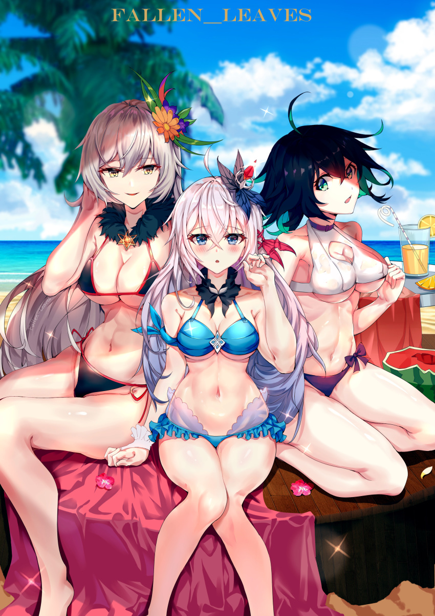 3girls :d absurdres ahoge artist_name bare_shoulders beach bikini black_bikini black_hair blue_bikini blue_eyes blue_sky blush breasts bronya_zaychik bronya_zaychik_(herrscher_of_reason) chinese_commentary cleavage cleavage_cutout clothing_cutout cloud commentary crossed_bangs day earrings fallen-leaves frilled_bikini frills fur_collar gloves green_eyes green_hair grey_hair hair_between_eyes hair_ornament highres honkai_(series) honkai_impact_3rd jewelry kiana_kaslana kiana_kaslana_(herrscher_of_the_void) large_breasts long_hair looking_at_viewer medium_breasts multicolored_hair multiple_girls navel open_mouth outdoors purple_bikini short_hair sitting sky smile swimsuit tankini thighs very_long_hair wendy_(honkai_impact) white_bikini white_hair yellow_eyes