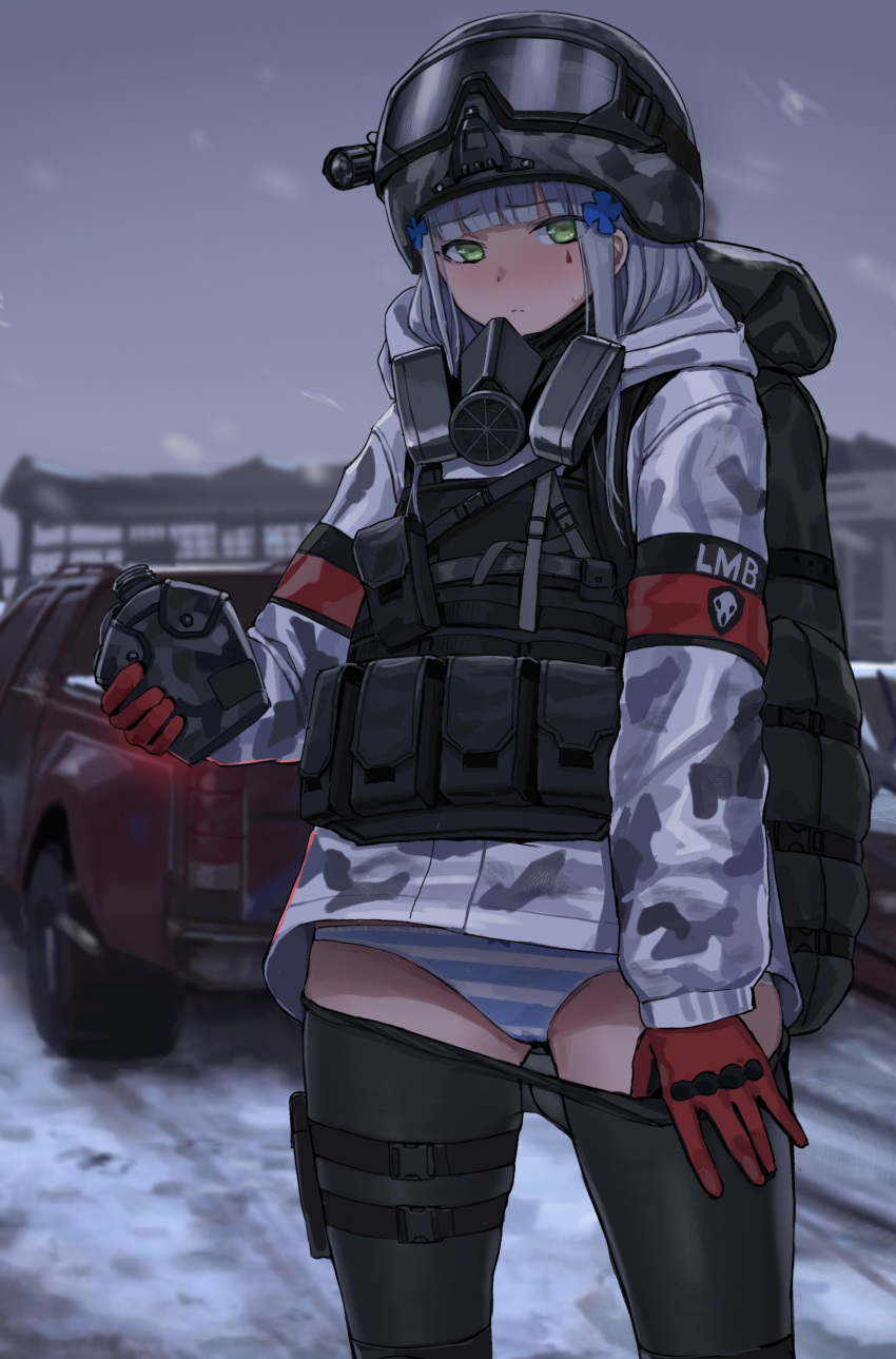 absurdres backpack bag black_pantyhose blunt_bangs blush camouflage camouflage_jacket canteen clothes_pull commentary_request facial_mark female girls'_frontline gloves goggles goggles_on_headwear green_eyes grey_hair ground_vehicle hair_ornament helmet highres hk416_(fang)_(girls'_frontline) hk416_(girls'_frontline) holding holding_canteen jacket kuro_(zhurunbo1997) last_man_battalion long_hair long_sleeves looking_at_viewer military military_uniform motor_vehicle outdoors panties pantyhose pantyhose_pull pulling_own_clothes red_gloves respirator snow snowing striped_clothes striped_panties sweat teardrop thigh_strap tom_clancy's_the_division underwear uniform vest winter_uniform