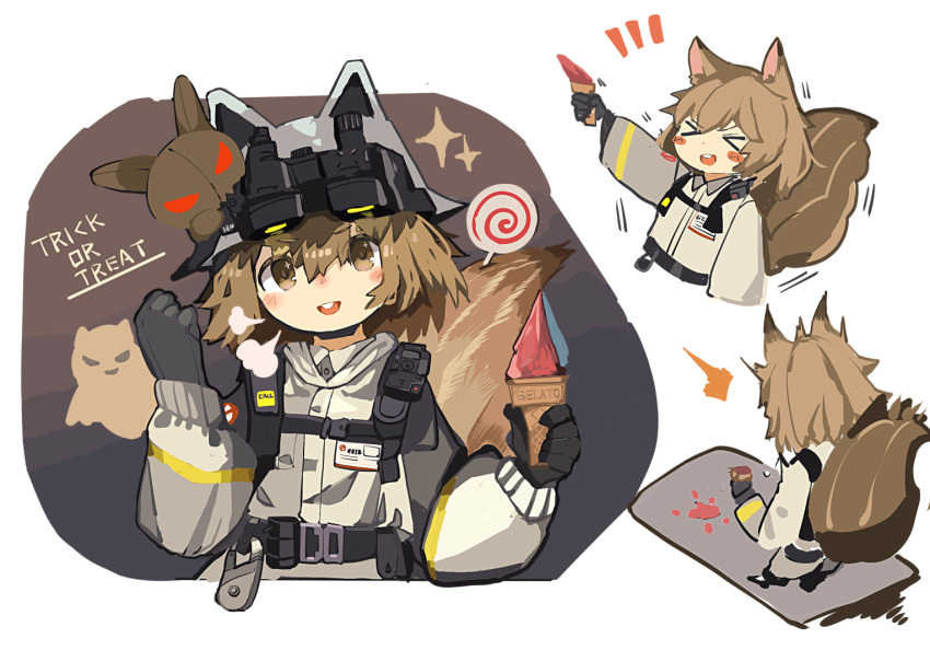 >_< :d ^^^ animal_ears animal_ears_helmet arknights black_gloves blush_stickers brown_hair candy closed_eyes commentary_request cropped_torso fake_animal_ears female fire_helmet firefighter firefighter_jacket food gelato_(food) gloves grey_jacket holding holding_food ice_cream_cone jacket lollipop long_sleeves multiple_views notice_lines open_mouth puffy_long_sleeves puffy_sleeves ryu_(17569823) shaw_(arknights) smile sparkle spill squirrel_ears squirrel_girl squirrel_tail standing swirl_lollipop tail teeth trick_or_treat upper_body upper_teeth_only xd