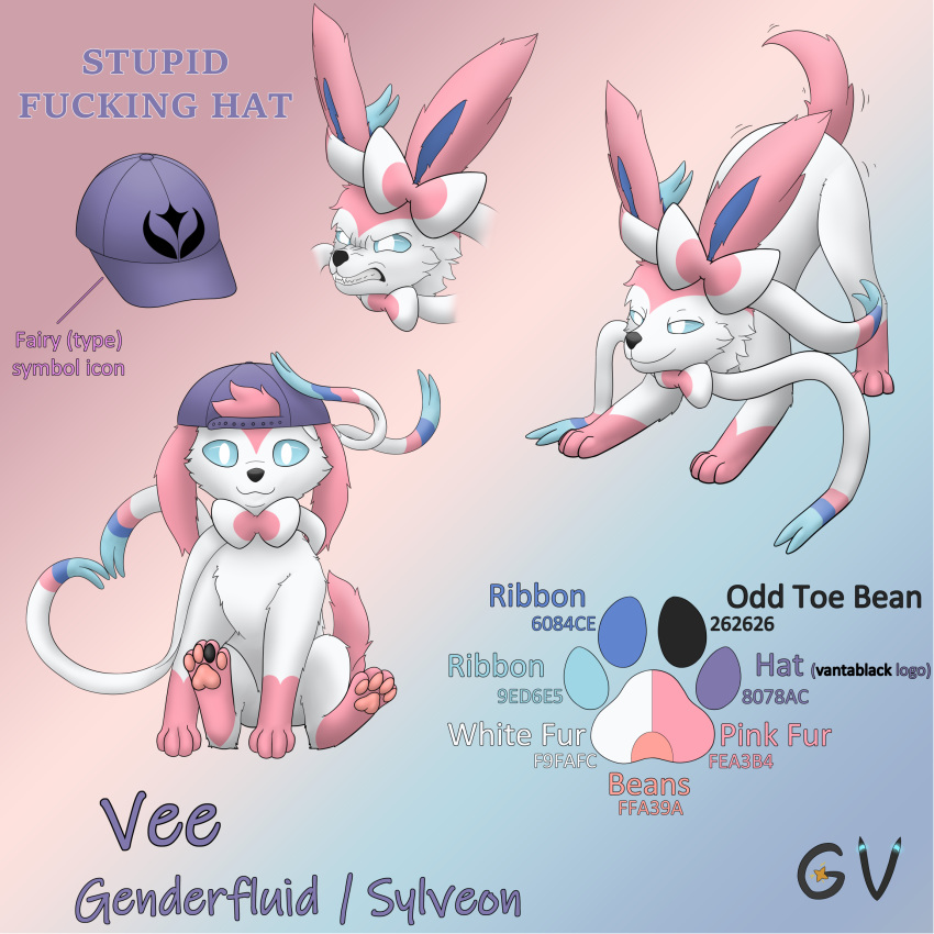 1:1 2022 4_toes accessory ambiguous_gender arm_markings backwards_baseball_cap backwards_hat barefoot baseball_cap big_ears black_nose blue_ears blue_eyes blue_ribbon blue_sclera bow_ribbon bow_tie canid canine clothing digital_media_(artwork) ear_tuft eeveelution english_text fangs feet feral fluffy fluffy_ears fluffy_tail front_view fur fur_markings fur_tuft garyvice generation_6_pokemon gesture gloves_(marking) hair_accessory hair_ribbon hairbow happy hat head_tuft headgear headwear hi_res hindpaw leg_markings light_body light_fur looking_at_viewer mammal markings model_sheet monotone_tail multicolored_body multicolored_bow multicolored_ears multicolored_fur multicolored_ribbon nintendo nude pawpads paws pink_body pink_bow pink_ears pink_fur pink_markings pink_pawpads pink_ribbon pink_tail pokemon pokemon_(species) pose prick_ears profanity pupils raised_tail ribbons shaded sharp_teeth side_view signature simple_background smile snarling socks_(marking) solo standing sylveon tail teeth text three-quarter_view toes tuft two_tone_body two_tone_bow two_tone_ears two_tone_fur two_tone_ribbon vee_(vee) white_body white_bow white_ears white_fur white_pupils white_ribbon