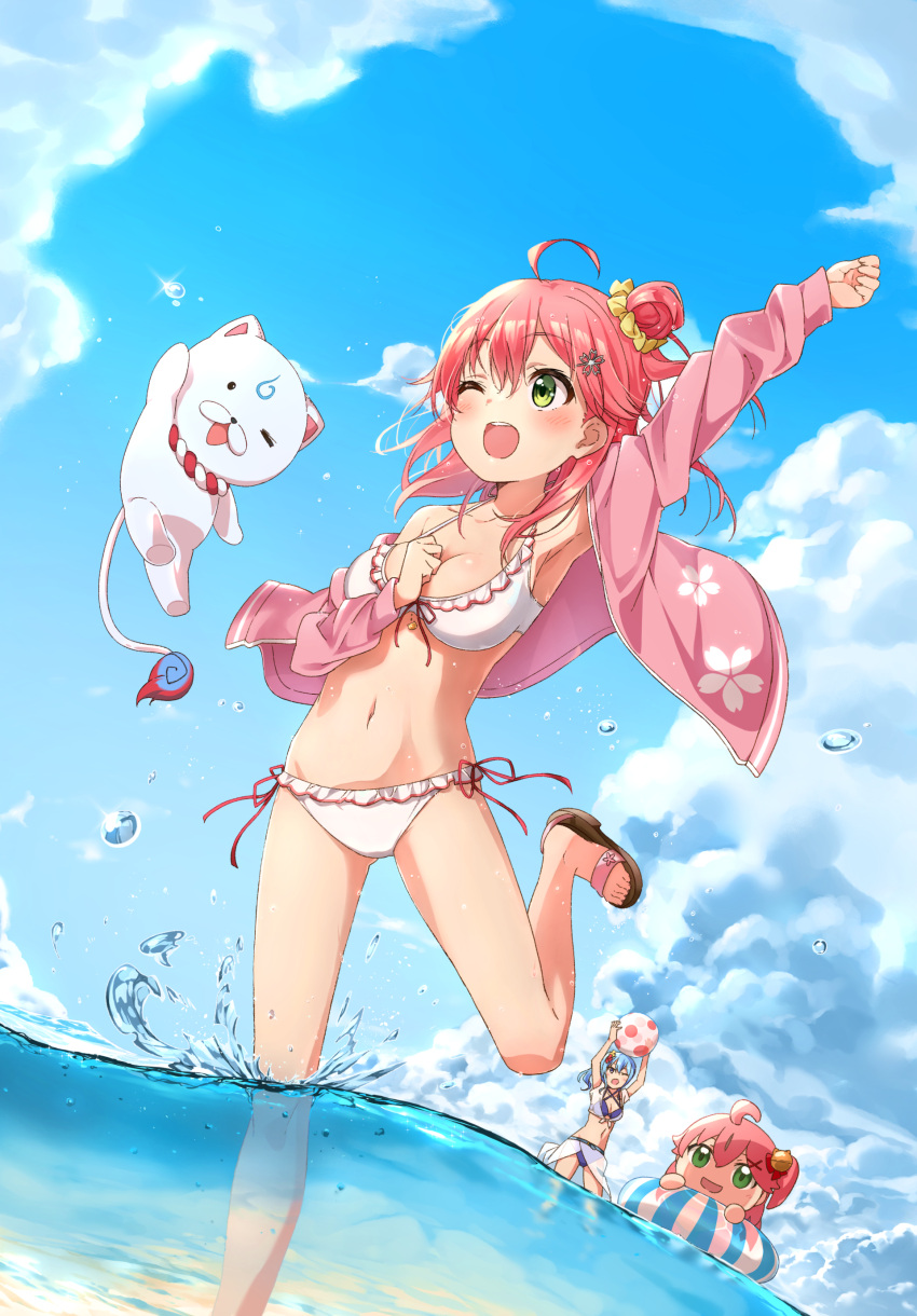 1other 35p_(sakura_miko) 3girls absurdres ahoge ball beachball bikini blue_eyes blue_hair blue_sky breasts cleavage cloud day delf dutch_angle green_eyes hair_bun highres holding holding_ball hololive hoshimachi_suisei innertube jacket medium_breasts mikodanye multiple_girls off_shoulder one_eye_closed open_mouth outdoors pink_hair pink_jacket sakura_miko side_ponytail single_side_bun skirt sky smile swim_ring swimsuit virtual_youtuber wading white_bikini white_skirt