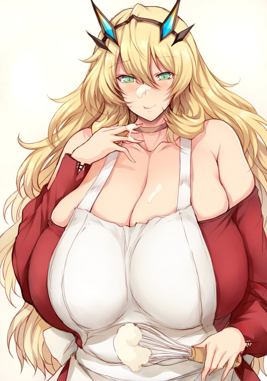 apron bare_shoulders barghest_(fate) barghest_(like_a_lady)_(fate) blonde_hair blush breasts cleavage collarbone cream fate/grand_order fate_(series) female green_eyes highres horns huge_breasts long_hair long_sleeves looking_at_viewer off-shoulder_sweater off_shoulder red_sweater smile solo sweater tongue tongue_out tsukasawa_takamatsu whisk white_apron