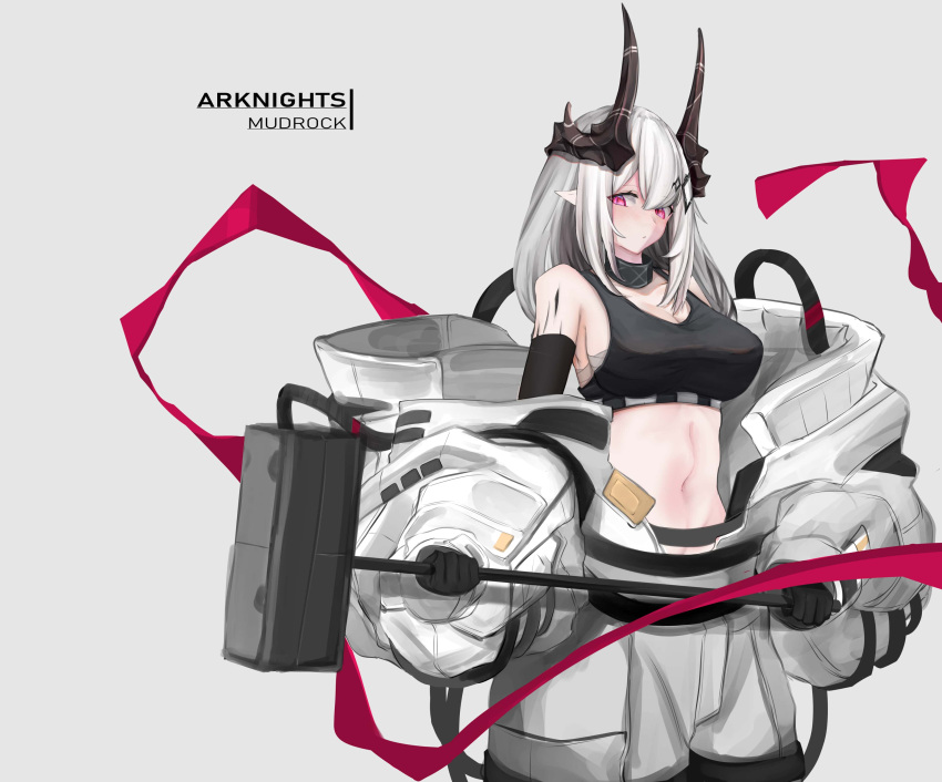 absurdres arknights asumi_maboroshi bare_shoulders black_gloves black_sports_bra breasts character_name commentary copyright_name cowboy_shot crop_top female gloves grey_background hammer highres holding holding_hammer holding_weapon horns large_breasts long_hair looking_at_viewer material_growth midriff mudrock_(arknights) mudrock_(elite_ii)_(arknights) navel off_shoulder oripathy_lesion_(arknights) pointy_ears red_eyes sarashi simple_background solo sports_bra standing stomach weapon white_hair