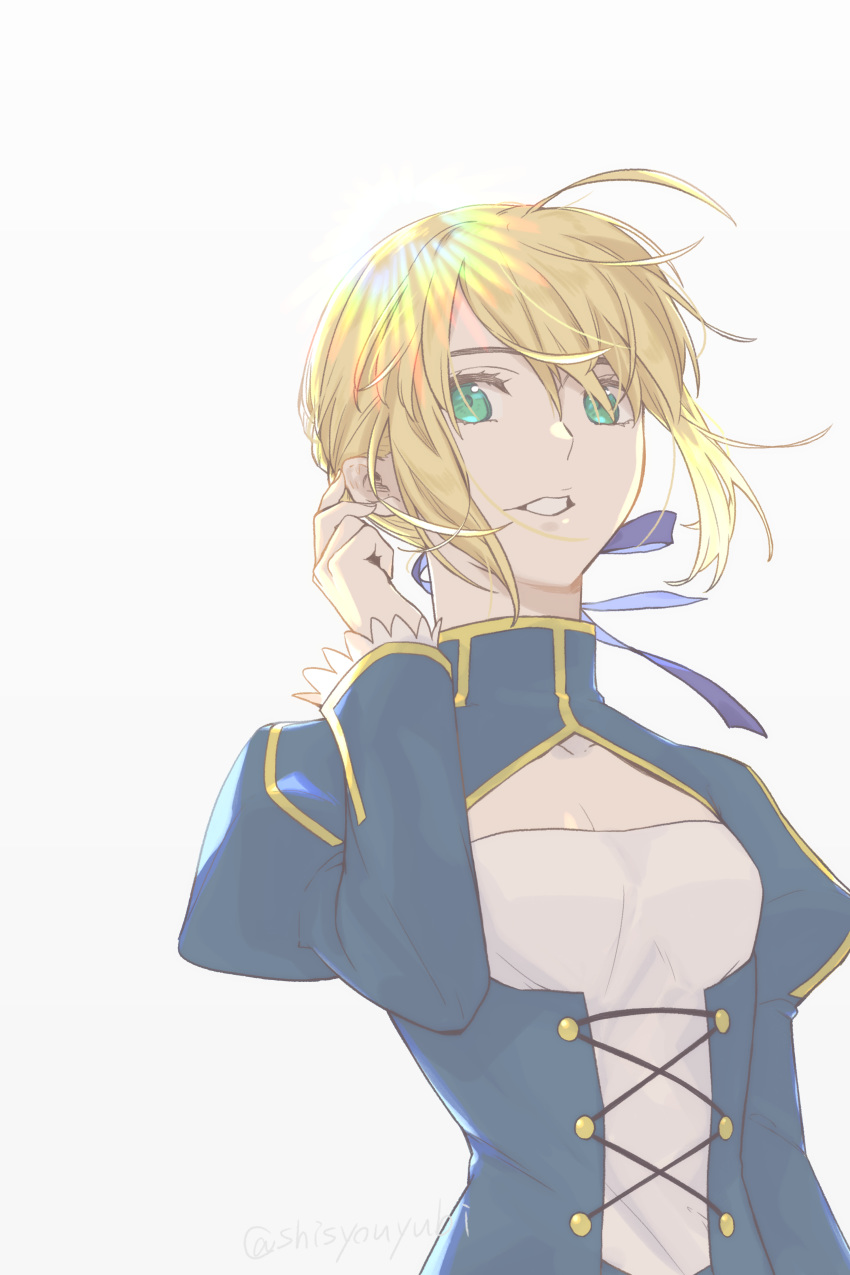 absurdres ahoge artoria_pendragon_(fate) blonde_hair blue_ribbon breasts cleavage commentary fate/stay_night fate_(series) female floating_hair green_eyes hair_between_eyes hair_ribbon highres long_sleeves open_mouth ribbon saber_(fate) shayubi short_hair simple_background small_breasts solo symbol-only_commentary upper_body white_background