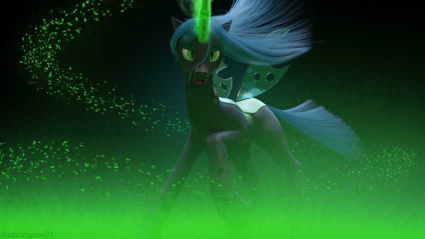 16:9 3d_(artwork) 4k absurd_res arthropod blender_(artwork) blurred_foreground changeling digital_media_(artwork) fangs female feral friendship_is_magic glowing glowing_horn hasbro hi_res horn horn_magic huge_filesize magic magic_aura missing_accessory my_little_pony open_mouth queen_chrysalis_(mlp) radiomann01_(artist) simple_background soft_focus solo teeth widescreen wind wings