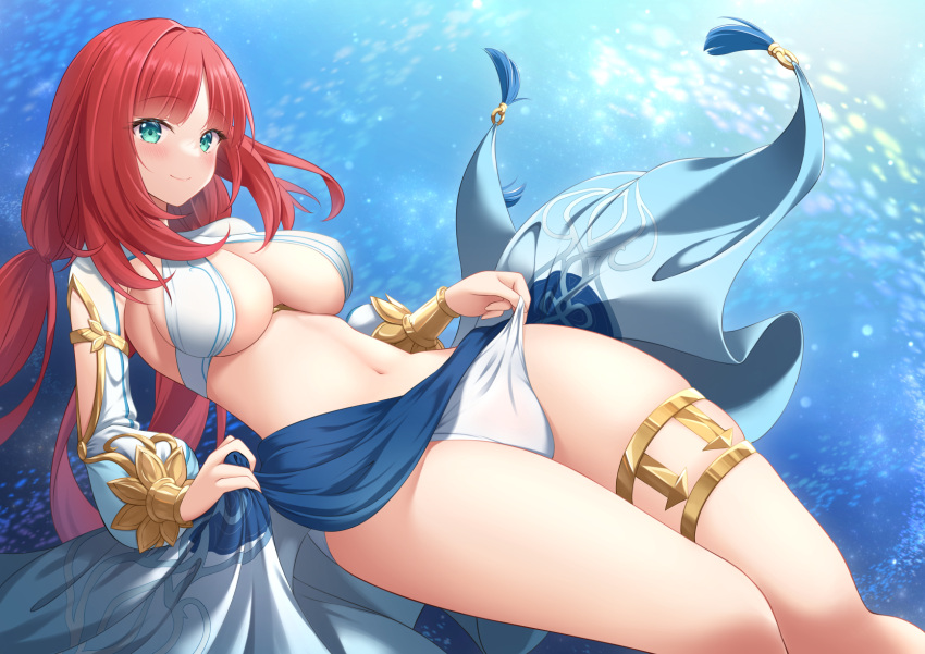 akira_(sayo_dayoo) aqua_eyes bad_id bad_pixiv_id blush bracer breasts cleavage closed_mouth commentary_request detached_sleeves feet_out_of_frame female genshin_impact hair_intakes harem_outfit highres holding long_hair long_sleeves looking_at_viewer low_twintails medium_breasts navel nilou_(genshin_impact) no_headwear no_horns panties parted_bangs puffy_long_sleeves puffy_sleeves red_hair revealing_clothes skirt smile solo stomach tassel thighlet thighs twintails underwater underwear white_panties