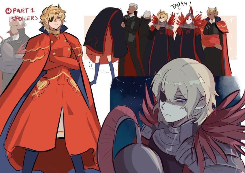 2boys absurdres armor blonde_hair blue_eyes cape closed_mouth commentary_request cosplay crossed_arms dark-skinned_male dark_skin dedue_molinaro dimitri_alexandre_blaiddyd edelgard_von_hresvelg edelgard_von_hresvelg_(cosplay) eyepatch fire_emblem fire_emblem:_three_houses flame_emperor funyanrinpa grey_hair halloween halloween_costume headpiece helmet highres horns multiple_boys parted_lips short_hair spoilers