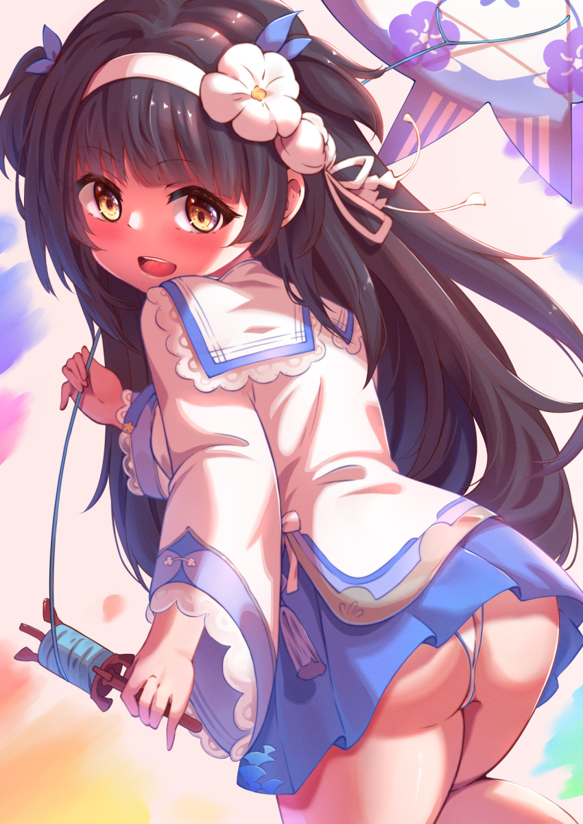 ass black_hair blush girls'_frontline highres kite lolicon long_hair official_alternate_costume open_mouth panties pantyhose pantyhose_removed pleated_skirt sailor_collar school_uniform serafuku skirt smile type_95_(girls'_frontline) underwear very_long_hair xlscaler yellow_eyes younger