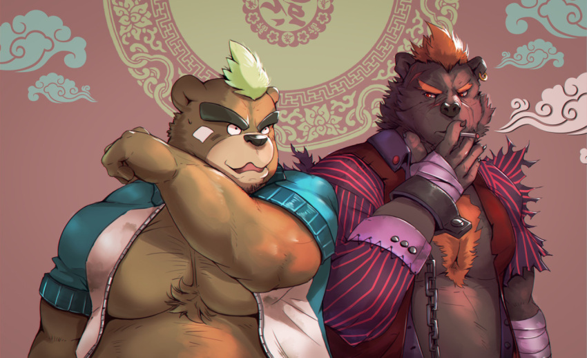 anthro barguest_(tas) bear brown_body brown_fur cigarette clothing duo eruprior fur green_hair hair jacket lifewonders male mammal mohawk musclegut muscular red_hair smoking tokyo_afterschool_summoners topwear