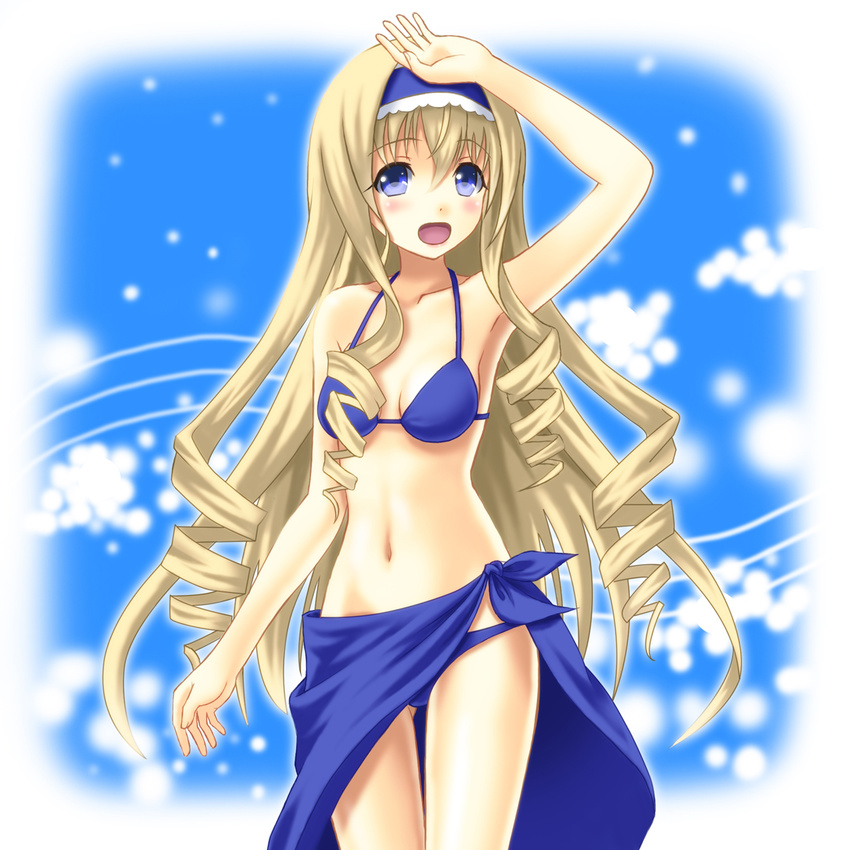 arm_up armpits bikini blonde_hair blue_bikini blue_eyes blue_hairband blue_sarong cecilia_alcott commentary_request drill_hair female hairband highres infinite_stratos long_hair navel photoshop_(medium) sarong setona_(daice) solo swimsuit thigh_gap