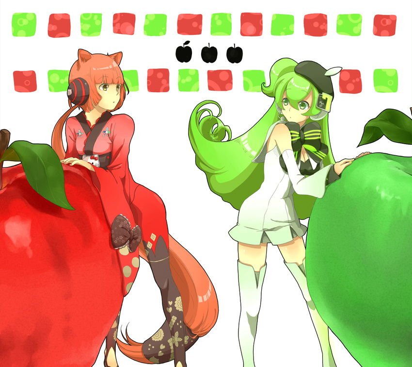 2girls apple commentary_request creamyya dress food fruit green_theme highres long_hair macne_nana macne_series multiple_girls nekomura_iroha red_theme very_long_hair vocaloid zettai_ryouiki