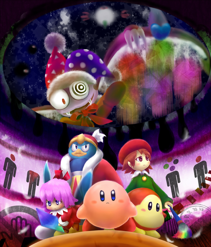 adeleine crazy_eyes crossover halo hat highres jester_cap jester_hat king_dedede kirby kirby_(series) kirby_64 marx nintendo ribbon_(kirby) waddle_dee waddle_doo wings zero_two