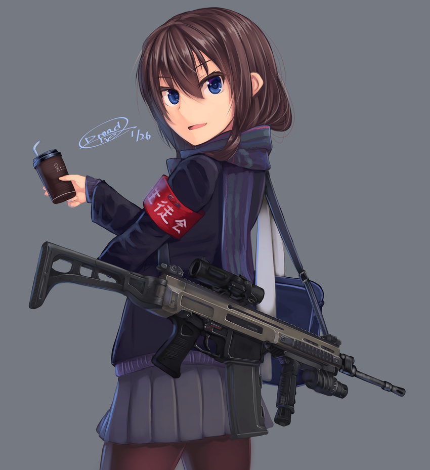 armband assault_rifle bad_id bad_pixiv_id bag blazer blue_bag blue_eyes blue_jacket blue_scarf blue_sweater brown_hair brown_pantyhose cowboy_shot cup cz_805_bren dated disposable_cup dreadtie drink enpera female flip-up_sight folding_stock foregrip from_side grey_background grey_skirt gun gun_sling hair_between_eyes highres holding holding_cup holding_drink jacket laser_sight layered_sleeves long_hair long_sleeves looking_at_viewer open_mouth optical_sight original pantyhose pleated_skirt ponytail red_armband rifle scarf school_bag school_uniform seta_haruka shoulder_bag signature simple_background skirt solo steam sweater vertical_foregrip weapon